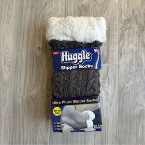 Huggle Slipper Socks Grips Gray Fuzzy Cable knit